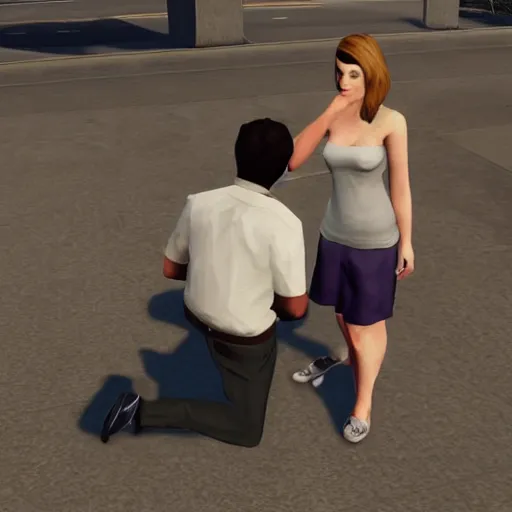 Prompt: Man proposing his girlfriend, ultra quality, high graphical fidelity, GTA V characters