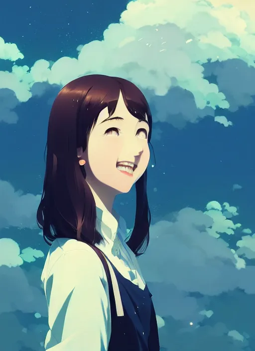 Image similar to portrait of a smiling girl by ilya kuvshinov, cloudy sky background lush landscape ln illustration concept art anime key visual trending pixiv by victo ngai fanbox by greg rutkowski makoto shinkai takashi takeuchi studio ghibli