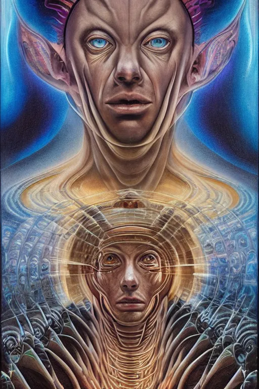 Prompt: cinematic symmetric portrait of an alien god emperor. Centered, uncut, unzoom charachter illustration. Dmt entity manifestation. Surreal render, ultra realistic, zenith view. Made by alex grey and giger feat peter gric and bekinski. Polished. Inspired by scifi painter glenn brown. Overpainted by salviadroid. Slightly Decorated with Sacred geometry and fractals. Extremely ornated. artstation, cgsociety, unreal engine, ray tracing, detailed illustration, hd, 4k, digital art, overdetailed art. Intricate omnious visionary darkscifi fantastic realism concept art. complementing colors. Trending on artstation, deviantart