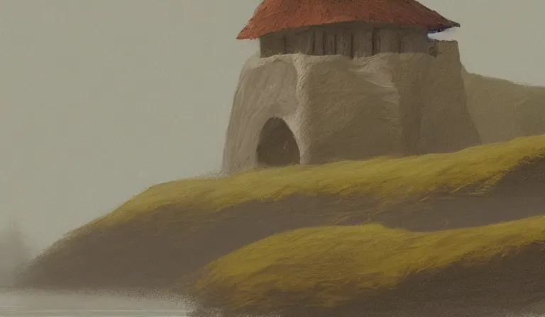 Prompt: A serene landscape with a singular building in the style of high fantasy