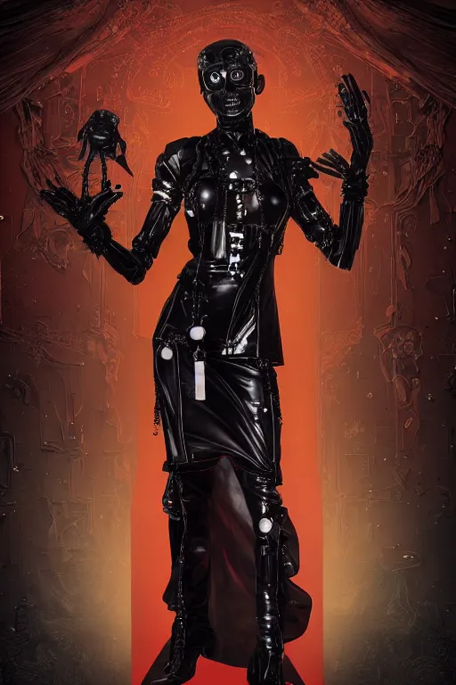 Image similar to full-body cyberpunk style sculpture of a young beautiful dark priestess, half android with a head opening exposing circuitry, glowing red eyes, black roses, flowing blood-red colored silk, fabric, candles. baroque elements, human skull, full-length view. baroque element. intricate artwork by Caravaggio. crows flying in background. Trending on artstation, octane render, cinematic lighting from the right, hyper realism, octane render, 8k, depth of field, 3D