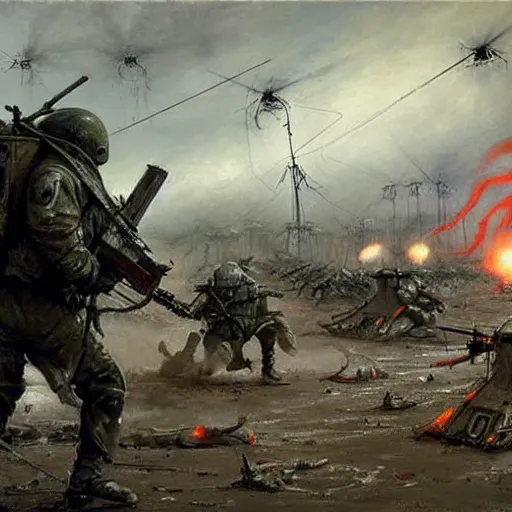 Image similar to war of the worlds, martian tripods attack london, human soldiers try to counter - attack, intense fighting, dital painting, very detailed, art by jakub rozalski