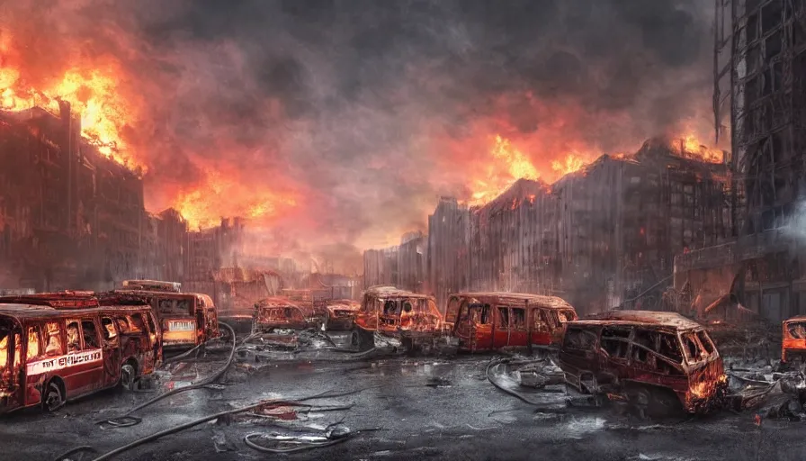 Image similar to A detailed render of a post apocalyptic scene of Fire and explosions on the 3rd precinct, burned down city buses on fire, sci-fi concept art, lots of fire, panic, dark, clouds, 8k, high detail, advanced rendering whimsically designed art, 4k post-processing highly detailed, Soft illumination