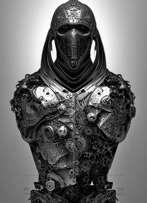 Image similar to portrait of king arthur knight cyborg, studio portrait against a black background, modern fine art, fractal, intricate, elegant, highly detailed, digital photography, subsurface scattering, in the style of ghost, by jheronimus bosch and yue minjun and giger and greg rutkowski,