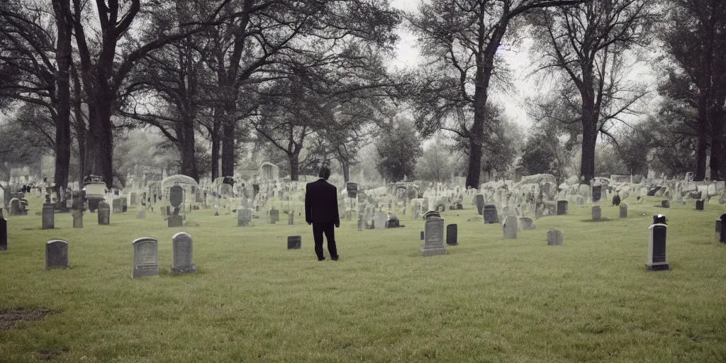 Prompt: A lone man in a black suit standing in a cemetery, bad weather