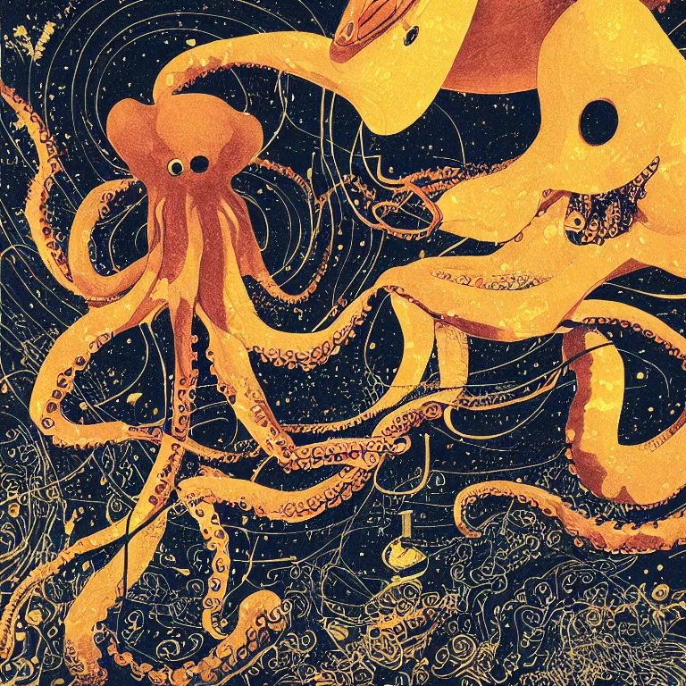 Image similar to a beautiful painting by victo ngai of an octopus playing drums and telecaster guitar in an electronic concert, dark background, concert light, dark mood, warm lights