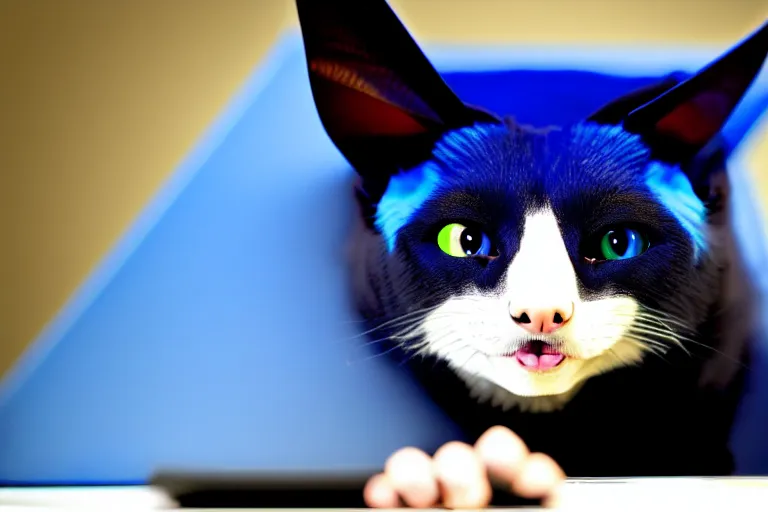 Image similar to a blue - and - black male catbat fursona with blue / green heterochromatic eyes and huge bat ears, photo of the catbat on his computer