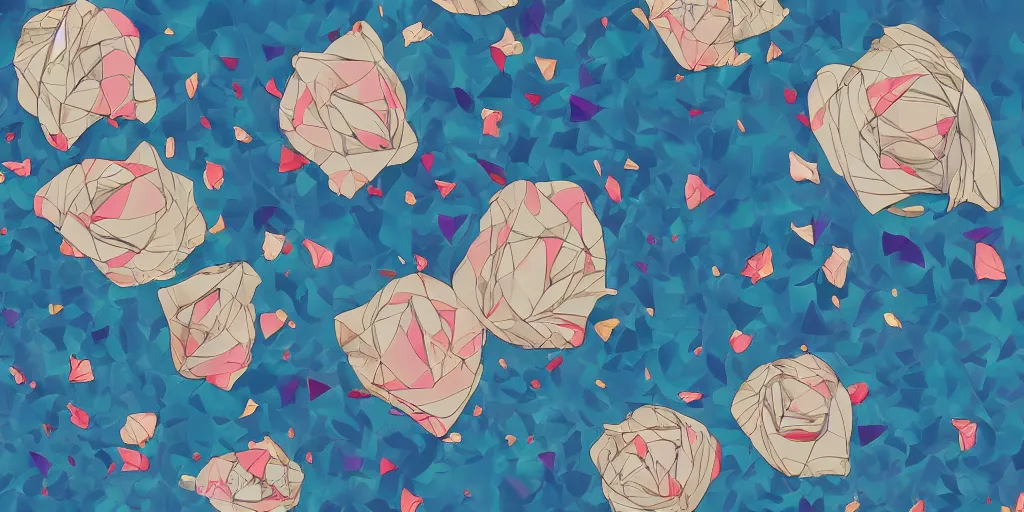 Prompt: background art of spaciously scattered flower petals flowing and floating through the blowing swirling directional wind from left to right on a simple cloudy blue sky background, large individual rose petals, angular background elements, polygonal fragments, anime, artgerm, manga, trending on artstation, art nouveau, mature color scheme