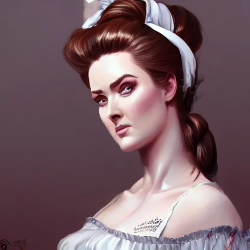 Image similar to a portrait of alexandra breckenridge as a french maid, urban motifs, intricate, elegant, highly detailed, digital painting, trending on artstation, concept art, smooth sharp focus, illustration, art by artgerm and greg rutkowski