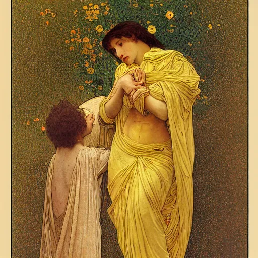 Image similar to the angelus by jean francois millet, art by gustav klimt - alphonse mucha - adolphe bouguereau - francois schuiten