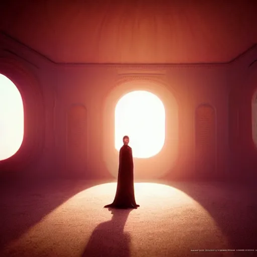 Image similar to colour aesthetic highly detailed photography scene, characters with hyperrealistic highly detailed faces. from dune ( 2 0 2 1 ) by alejandro hodorovski and denis villeneuve and gregory crewdson style with many details by mike winkelmann and caravaggio in sci - fi style. volumetric natural light hyperrealism photo on red dsmc 3 system