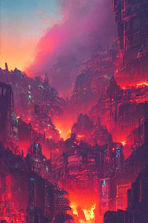 Image similar to a cyberpunk city in the crater of a volcano, lava flowing, smoke, fire, neon, industrial, by paul lehr, jesper ejsing