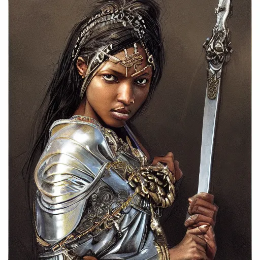 Prompt: artstation concept of a beautiful girl holding a sword in both hands, brown skin, symmetrical face, silver garment, shiny colorful, hyperdetailed, artstation trending, world renowned artists, worth1000.com, historic artworks society, antique renewel, cgsociety, by greg rutkowski, by Gustave Dore, Deviantart