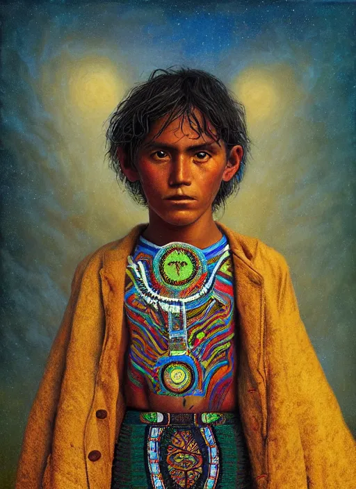 Image similar to portrait of a magical huichol boy in oaxaca mexico, by agostino arrivabene and tom bagshaw and manuel sanjulian