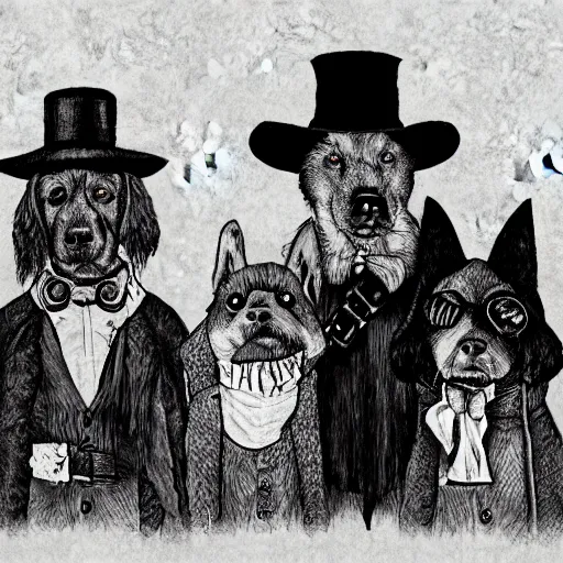 Image similar to portrait of a ragtag team of three dogs dressed as thieves in a dark haunted steampunk setting