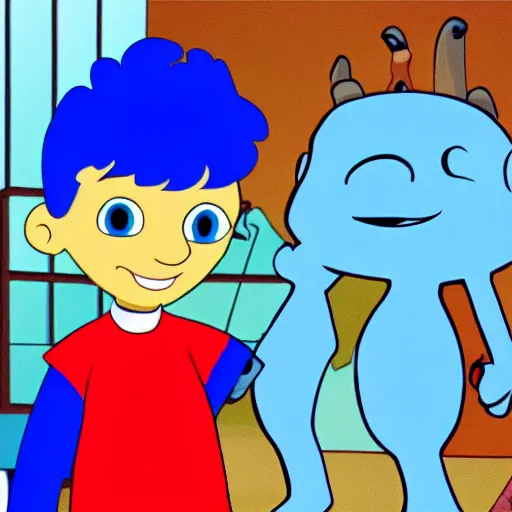 Image similar to screenshot of blue's clues with bloo from foster's home for imaginary friends