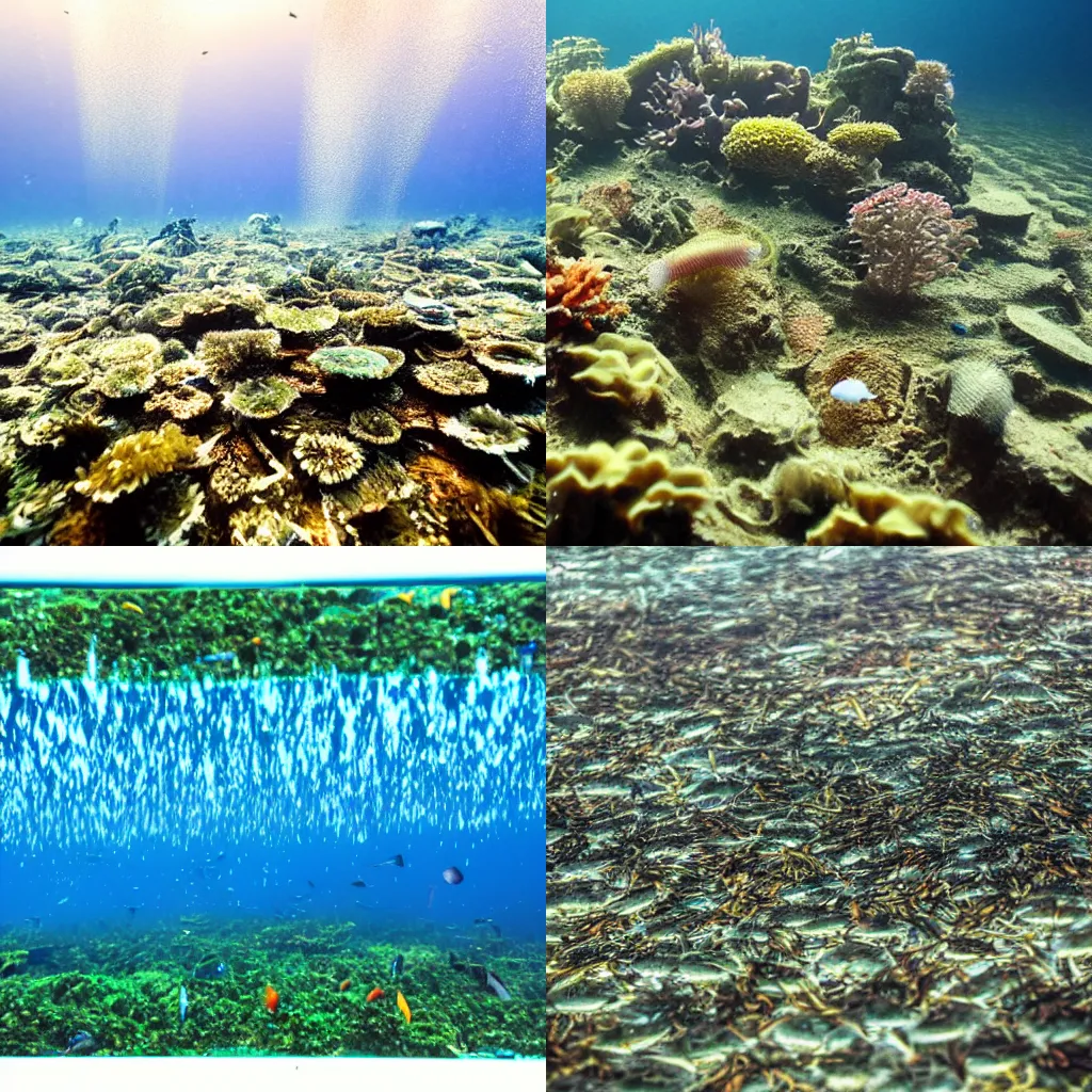 Prompt: megapolis under water, fish, seaweed