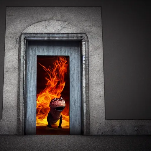 Prompt: photography, 3 d render, monster, open door, water, fire