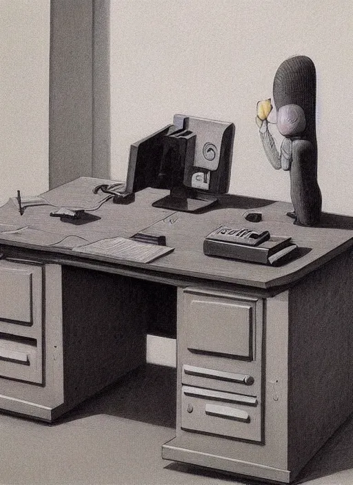 Image similar to A desk holding a computer monitor mouse monitor and keyboard with the tower sitting on the floor, Edward Hopper and James Gilleard, Zdzislaw Beksinski, Mark Ryden, Wolfgang Lettl highly detailed