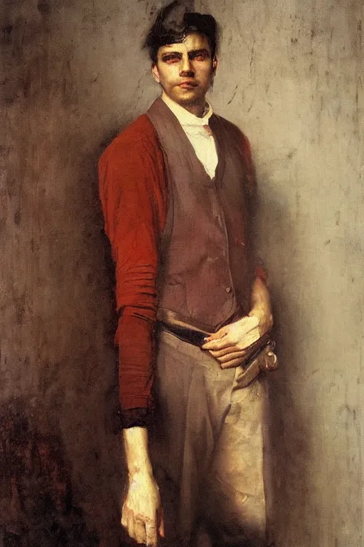 Image similar to Solomon Joseph Solomon and Richard Schmid and Jeremy Lipking victorian genre painting full length portrait painting of a young man going to work, red background