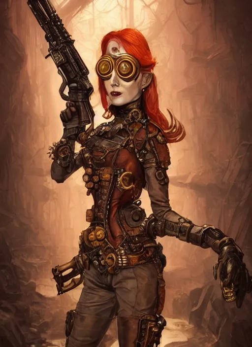 Image similar to 8K, realistic ginger Lady Mechanika in a Comic Book cover, holding a shotgun, and wearing victorian goggles in a ultradetailed Steampunk scenary, by Artgerm and Peter Andrew Jones and beksinski , trending on artstation, featured in Deviantart, Wallpaper, sharp focus, D&D, detailed, intricate, cinematic lighting,