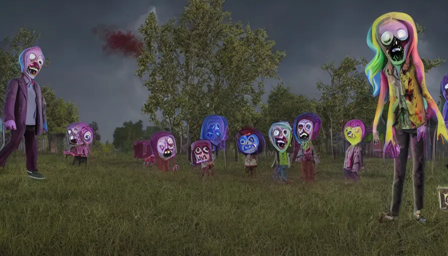 Image similar to night of the living dead by lisa frank's. rotting corpse, zombies, octane render, unreal 5 8 k depth of field, highly - detailed, in the style of south park