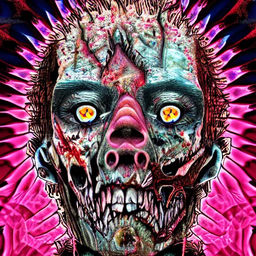 Prompt: a kaleidoscopic zombie, extremely detailed, sharp focus, wide view, digital illustration