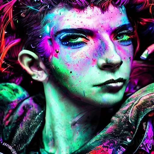 Image similar to splashes of neon galaxies, mowhawk, punk women portrait made out of paint, trending on artstation, epic composition, emotional, beautiful, rendered in octane, highly detailed, realistic, tim burton comic book art, sharp focus, unreal engine