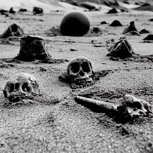 Prompt: grainy 1970s photo on expired film depicting human bones coming out of the sand on planet mars
