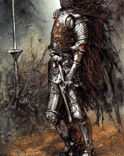 Image similar to a hyper realistic painting of a knight in armor made out of rotting metal, pale colors, fog, dark fantasy, cinematic lighting, nighttime, by rebecca guay