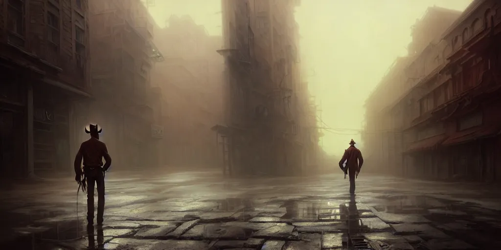 Image similar to a solo cowboy walking in an abandoned city street, cinematic, volumetric moody lighting, highly detailed, digital painting, artstation, concept art, matte, sharp focus, illustration, art by artgerm and greg rutkowski and alphonse mucha