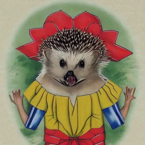 Prompt: hedgehog wearing ukrainian vyshyvanka realistic photo
