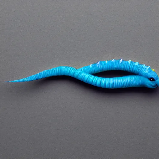 Image similar to studio photograph of a matte dark gray worm with a neon blue head and tail