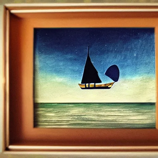 Image similar to a sailboat flying in the sky by night, mixed media, whimsical,