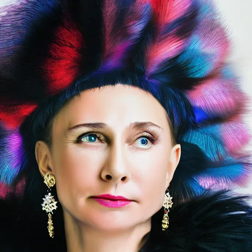 Prompt: vladimir putin, studio portrait, feather boa, earrings, joyful, eyeshadow, soft lighting, realistic