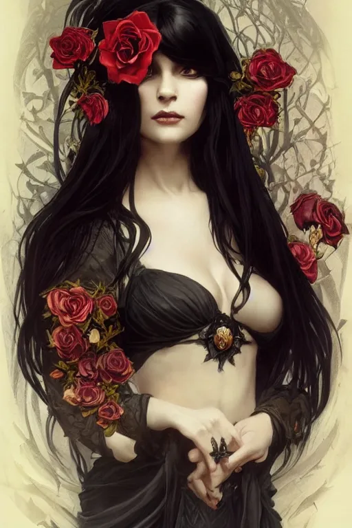 Image similar to beautiful gothic female with black roses surrounding her, Black Hair, intricate, elegant, highly detailed, digital painting, artstation, concept art, smooth, sharp, focus, illustration, art by artgerm and greg rutkowski and alphonse mucha and Ray Caesar and Benjamin Lacombe