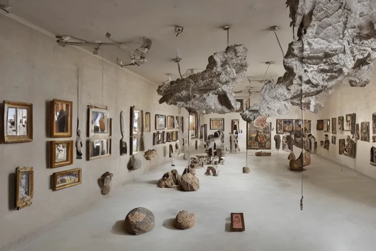 Image similar to mirror gallery in a museum hall, clay artifacts strewn about, suspended mobiles, chrome walls