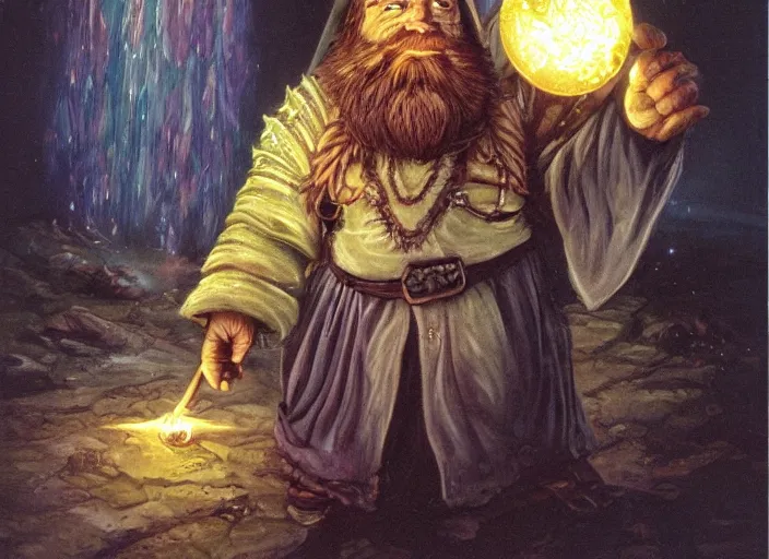 Prompt: a dwarf sorcerer holding a gigantic glowing diamond. his eyes are glowing. high fantasy art ( 1 9 8 7 )