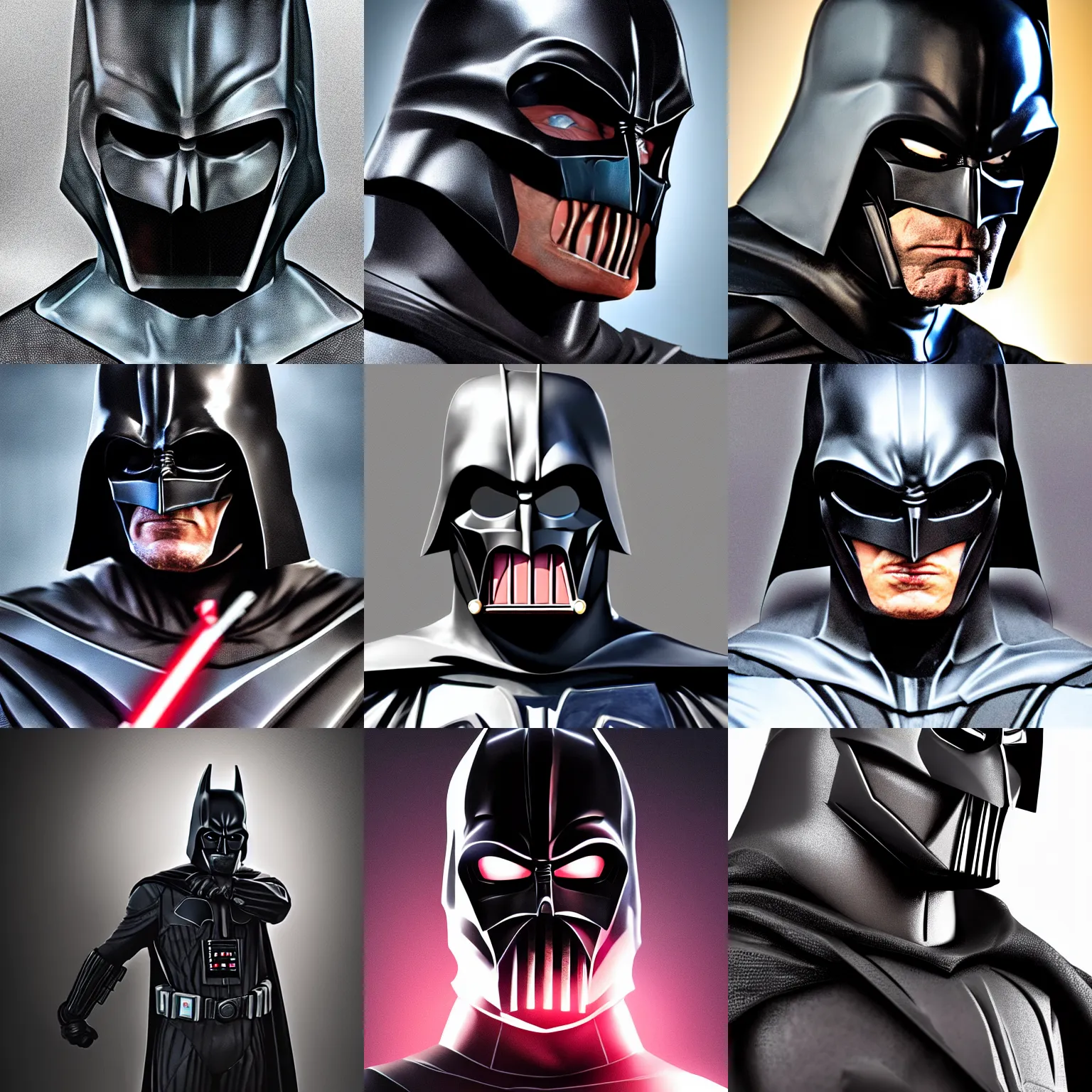 Prompt: Batman dressed as Darth Vader, high detail of the face, high detail, high modernization, cinematic, dynamic lighting, full body, cosplay, similarity 100% ultra mega super hyper realistic