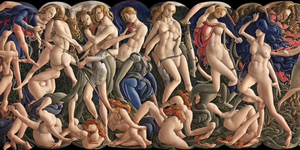 Image similar to the 12 months of the year, represented by 12 figures, of different ages and genders, in a style blend of Botticelli and Æon Flux, stunningly detailed artwork