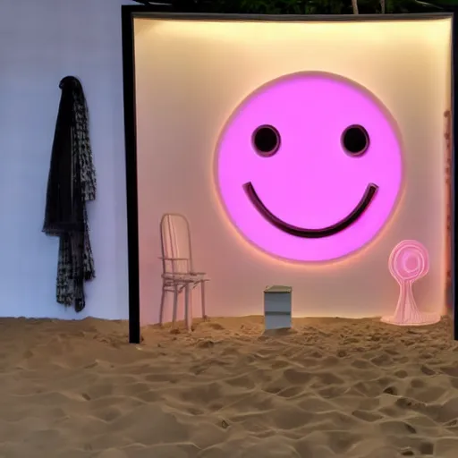 Prompt: An ultra high definition, professional photograph of an outdoor partial IKEA showroom inspired sculpture with a smiley face white dot matrix light sign located on a pastel pink beach ((with pastel pink, dimpled sand where every item is pastel pink. )) The sun can be seen rising through a window in the showroom. The showroom unit is outdoors and the floor is made of dimpled sand. The showroom unit takes up 20% of the frame. A square dot matrix sign displays an emoji somewhere in the scene. Morning time indirect lighting with on location production lighting on the showroom. In the style of wallpaper magazine, Wes Anderson.