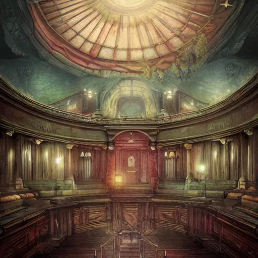 Image similar to eldritch legislature, fantasy illustration, realistic colorful photography, interior, hyperrealism