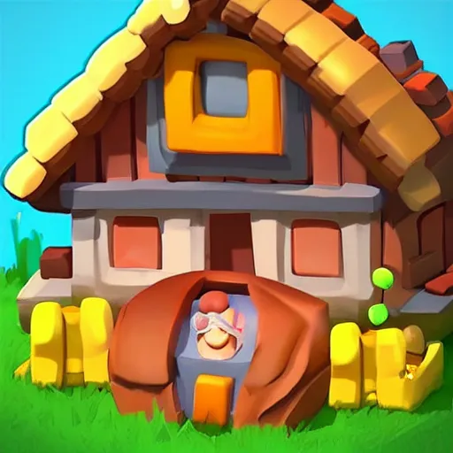 Image similar to a farming mobile game, cute, rounded house and cute character, funny, retro and fantasy style, clash royale style, candy rush style, pinterest