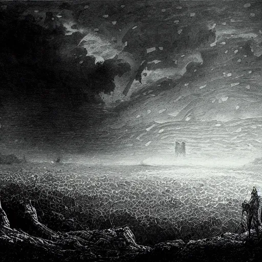 Image similar to apocalyptic landscape, soldier in gasmask, dark clouds, fire, dark, night, eerie, dystopian, city, end times, illustration by Gustave Doré