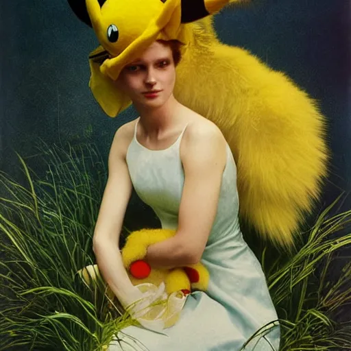 Image similar to elegant woman dressed up as pikachu, art photo by Annie Liebovitz and Alphonse Mucha