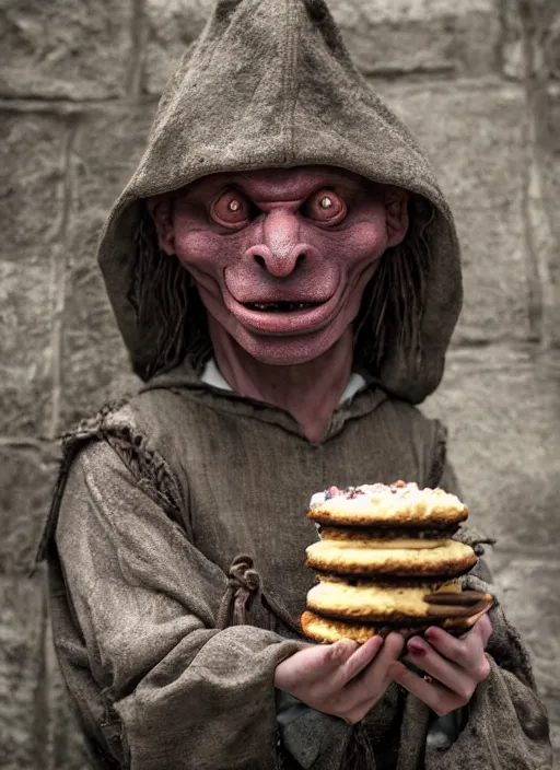 Image similar to closeup profile face portrait of a medieval goblin eating cakes in the cloisters, depth of field, zeiss lens, detailed, symmetrical, centered, fashion photoshoot, by annie leibovitz and steve mccurry, david lazar, jimmy nelsson, breathtaking, 8 k resolution, extremely detailed, beautiful, establishing shot, artistic, hyperrealistic, beautiful face, octane render