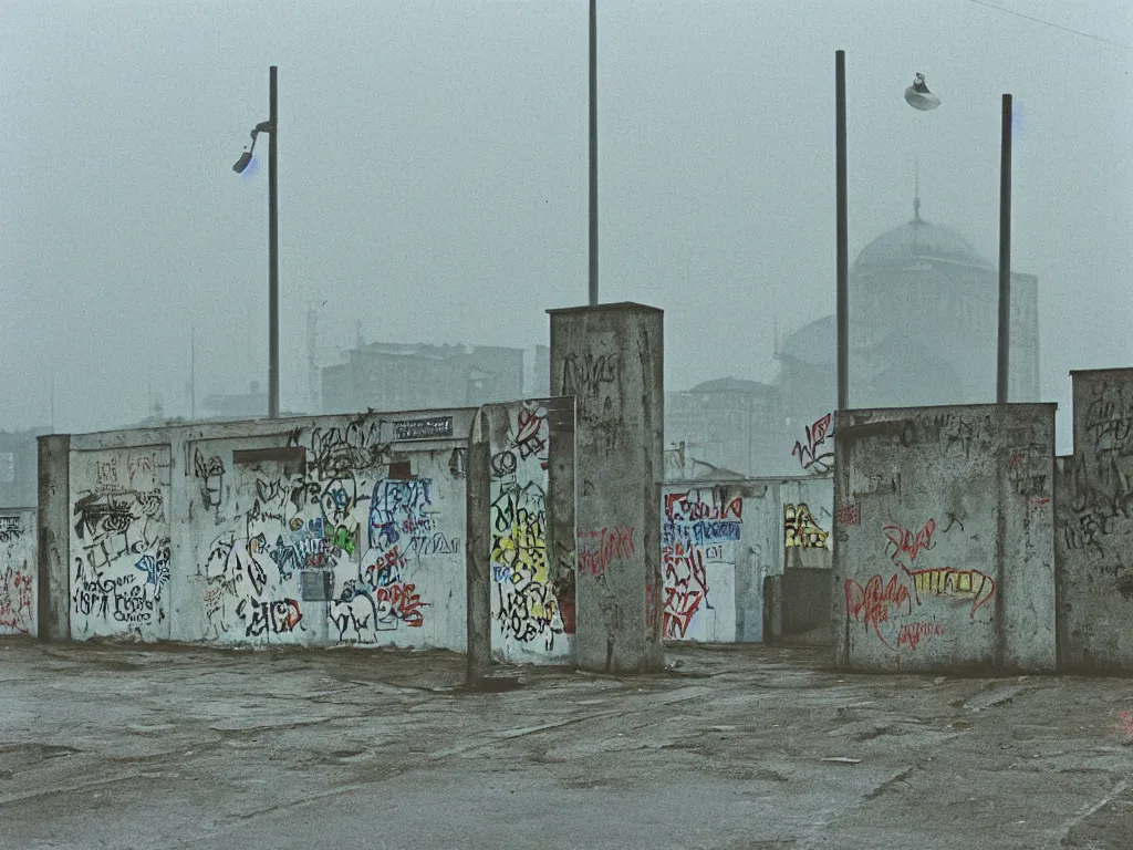 Image similar to “35mm film photography of Berlin Wall, concrete, bright graffiti, barbed wire, patrol towers, armed soldiers, guarded, barrier, heavy rainfall, dim street lights, fog, night, cinestill 800t, grain”