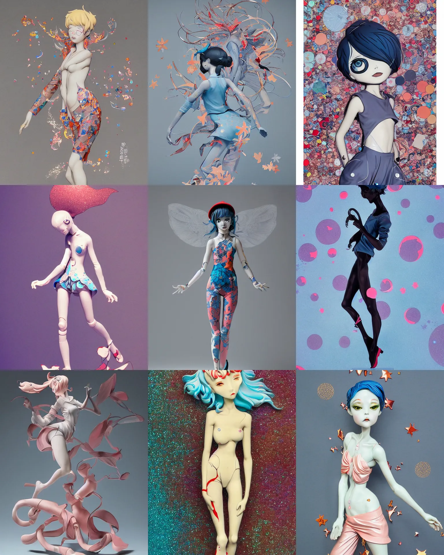 Image similar to james jean isolated vinyl figure cheerful tomboy, expert figure photography, dynamic pose, interesting color palette material effects, glitter accents on figure, anime stylized, accurate fictional proportions, high delicate defined details, ethereal lighting