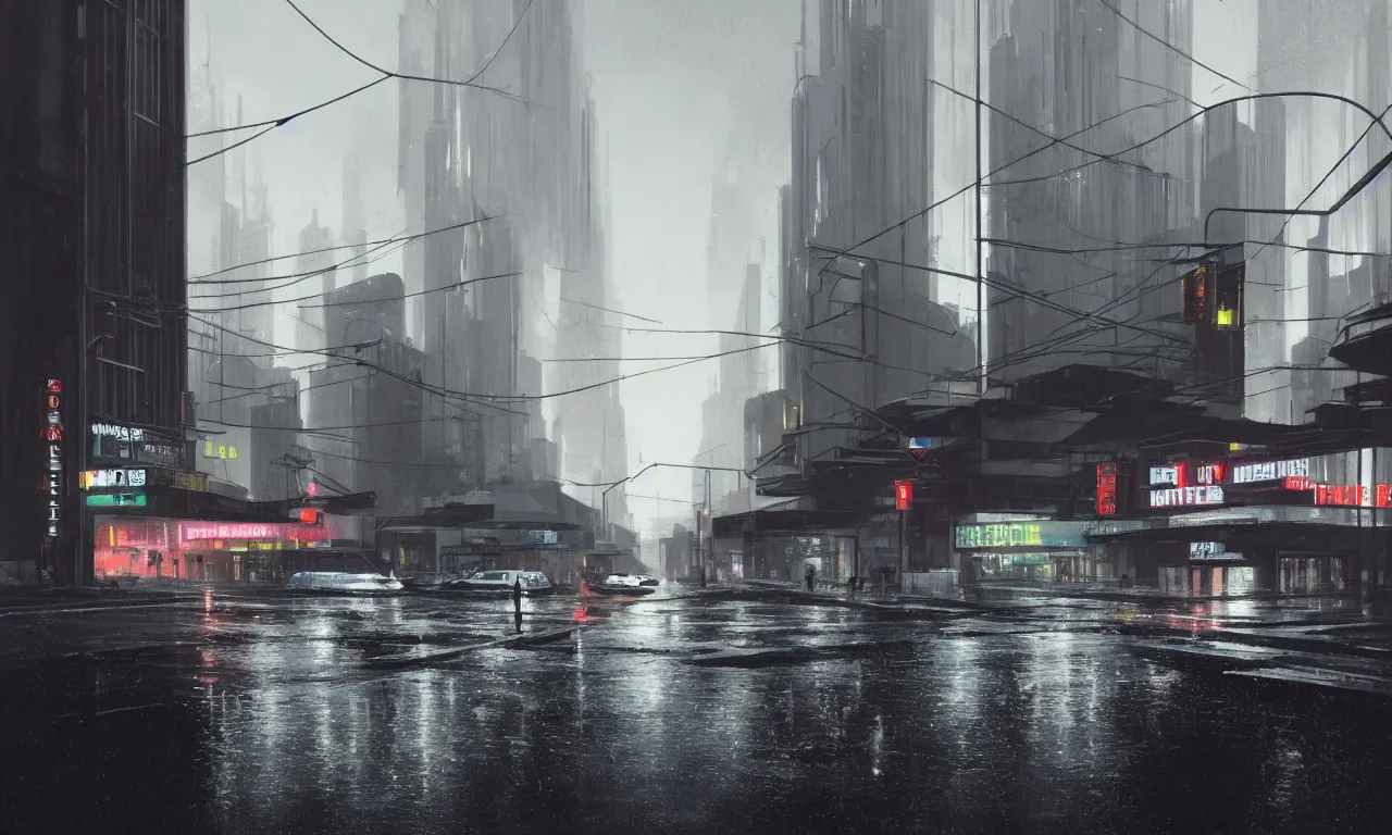 Image similar to photorealistic streetscape, simple brutalist architecture, metal, concrete, puddles of water, white neon lights, neon signs, flying vehicles, pedestrians, greg rutkowski, syd mead, ralph mcquarrie, concept art, matte painting, finely detailed, minimal artifacts, rule of thirds, dynamic lighting, cinematic, denoised, centered, artstation