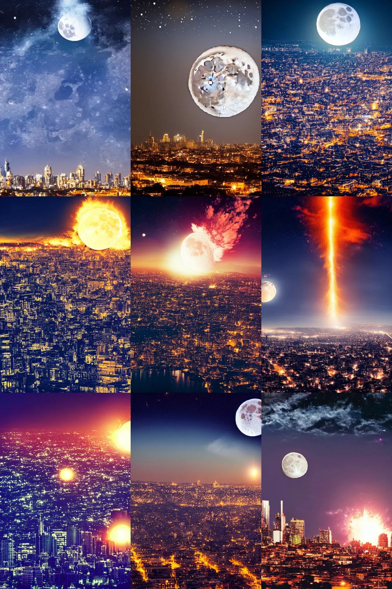 Prompt: the moon exploding in the sky, city in the foreground, epic, dramatic, 4 k, high quality